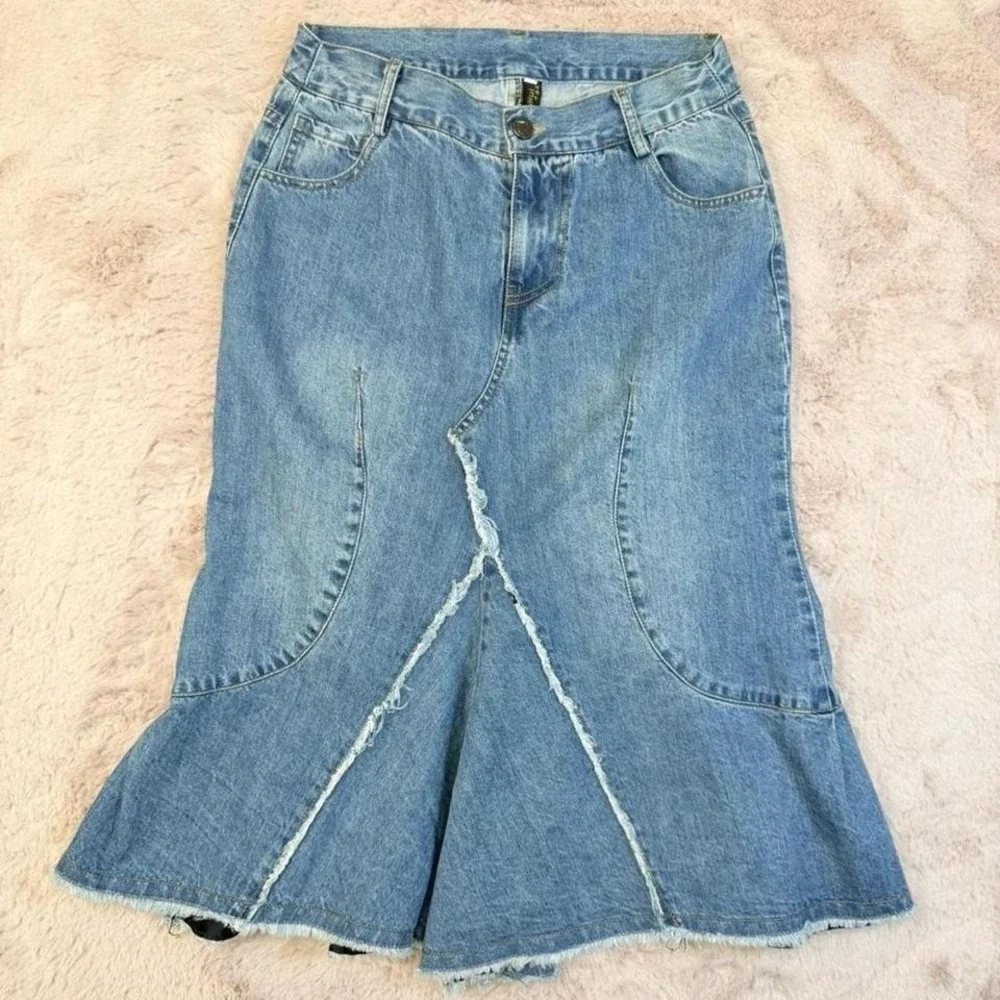 Y2K Denim Mermaid Skirt‎ Raw Hem Deconstructed Low Rise Womens XL